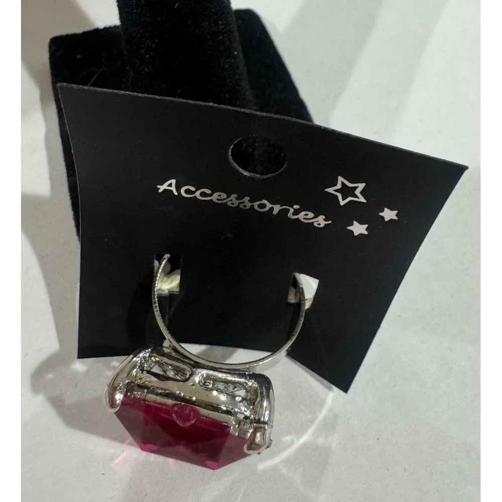 Silver Tone Adjustable Cocktail Ring Pink Emerald-Cut Crystal Prong Set